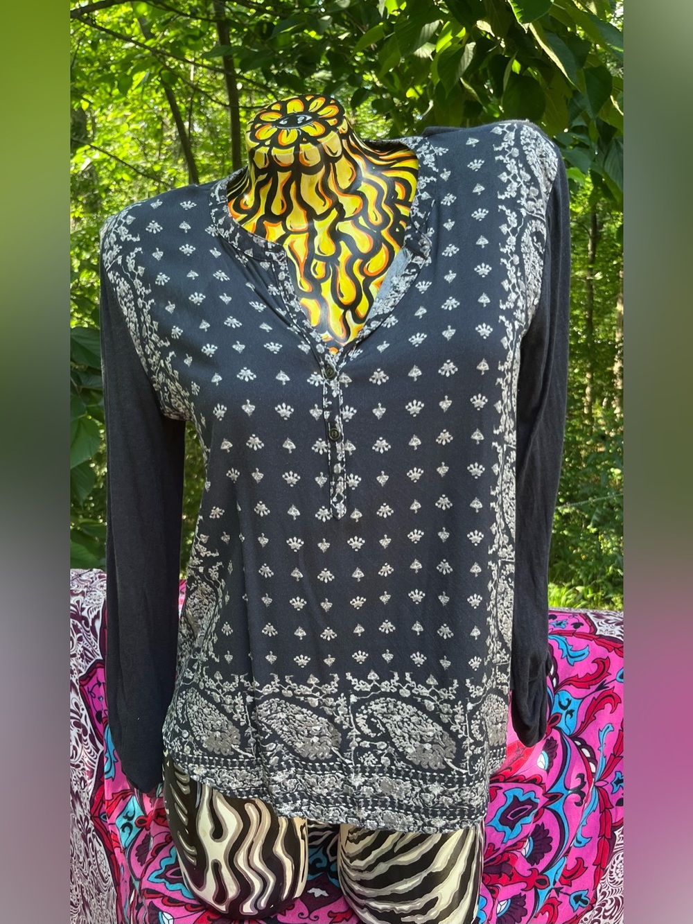 Lucky Brand Blue and White Printed Henley Tunic